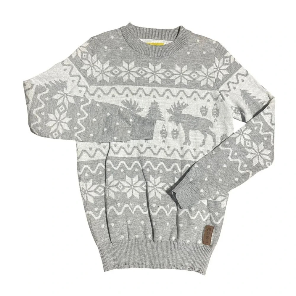 Tipsy Elves Mens Small Grey White Fair Isle Moose Snowflake Winter Sweater Small